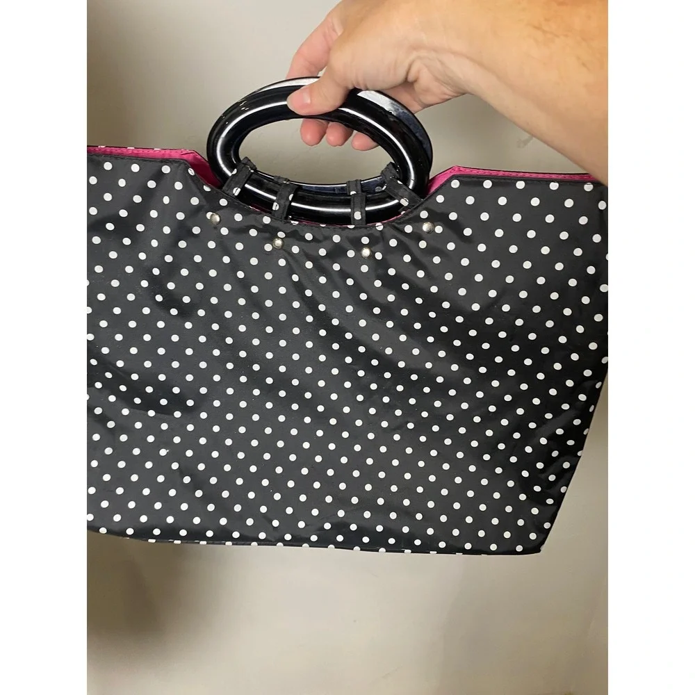 Vintage 90s Creative Options Polka Dot Tote Bag Black White Pink Acrylic Handles